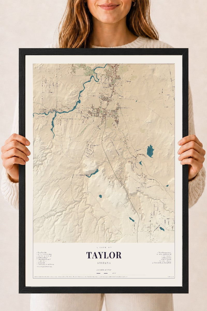Taylor, Arizona map print, 18" x 24", W/ Black Ayous Wood Frame