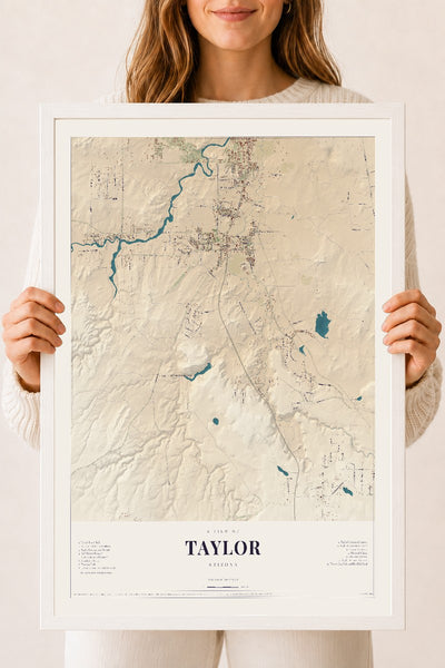 Taylor, Arizona map print, 18" x 24", W/ White Ayous Wood Frame