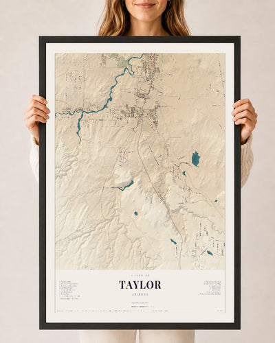 Taylor, Arizona map print, 24" x 36", W/ Black Ayous Wood Frame