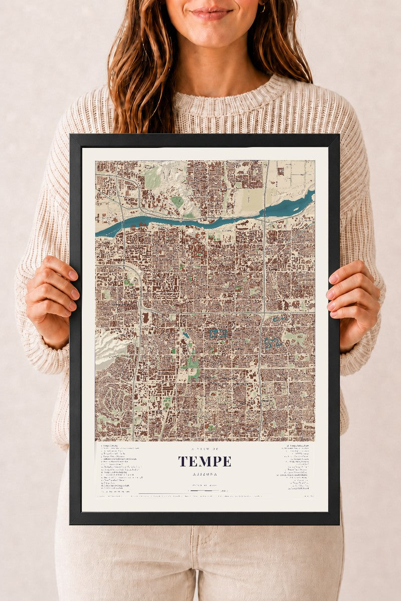 Tempe, Arizona map print, 12" x 18", W/ Black Ayous Wood Frame