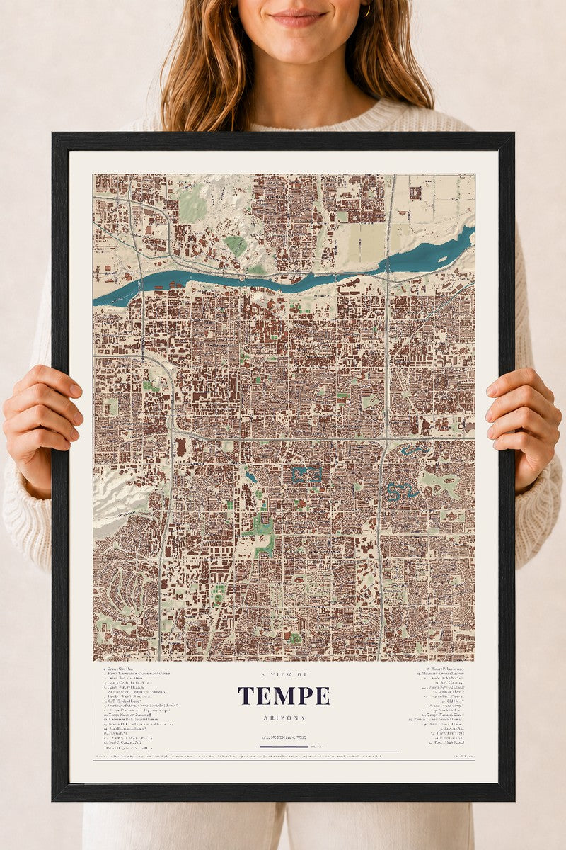 Tempe, Arizona map print, 18" x 24", W/ Black Ayous Wood Frame