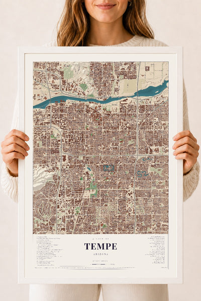 Tempe, Arizona map print, 18" x 24", W/ White Ayous Wood Frame