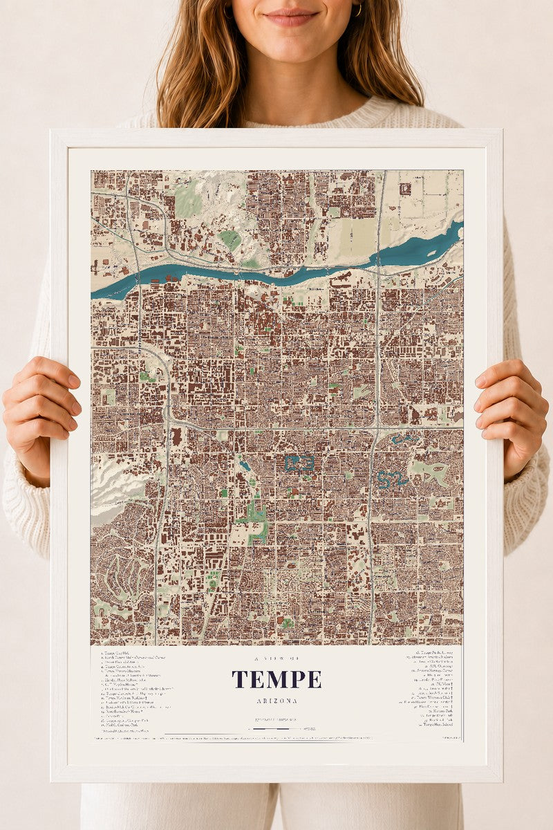 Tempe, Arizona map print, 18" x 24", W/ White Ayous Wood Frame