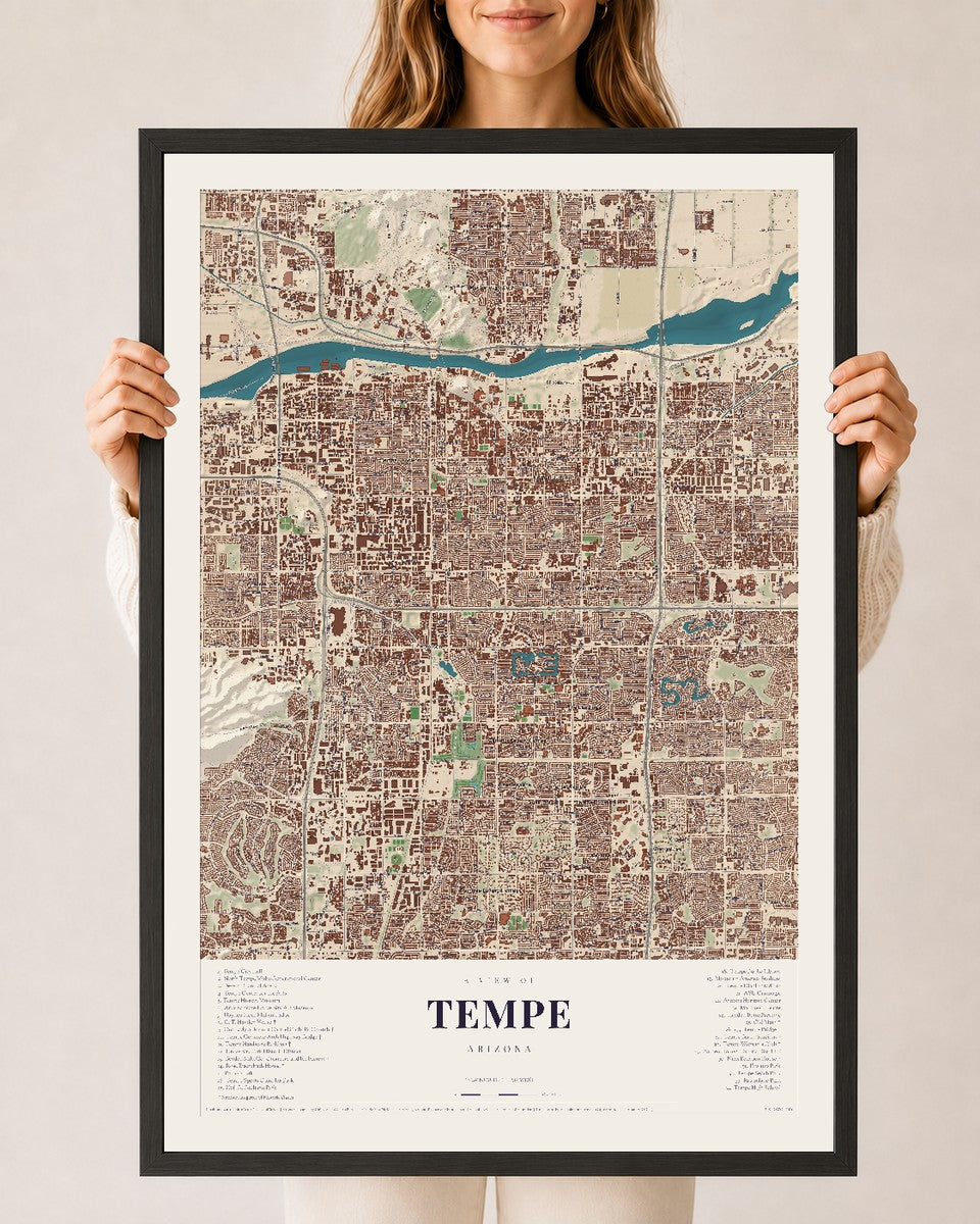 Tempe, Arizona map print, 24" x 36", W/ Black Ayous Wood Frame