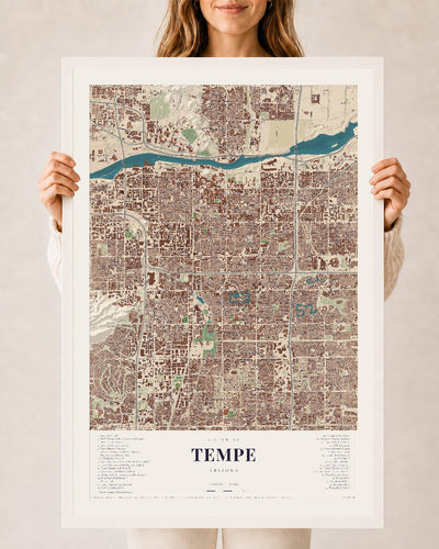 Tempe, Arizona map print, 24" x 36", W/ White Ayous Wood Frame