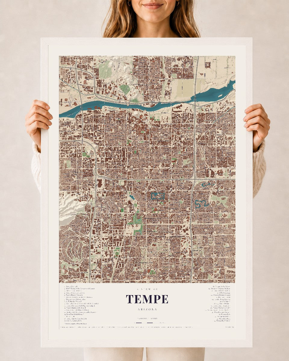 Tempe, Arizona map print, 24" x 36", W/ White Ayous Wood Frame