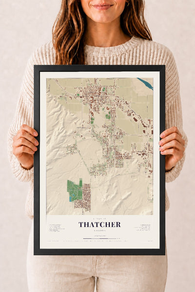 Thatcher, Arizona map print, 12" x 18", W/ Black Ayous Wood Frame