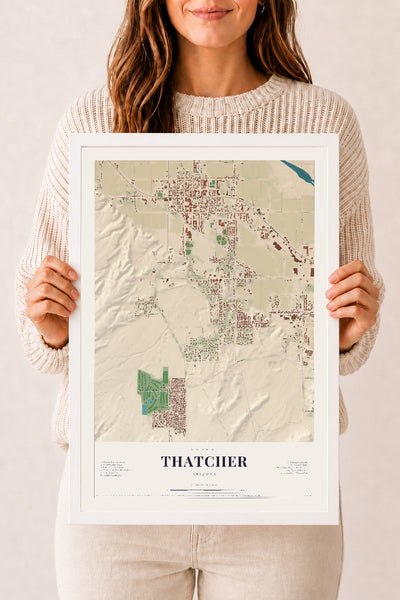 Thatcher, Arizona map print, 12" x 18", W/ White Ayous Wood Frame