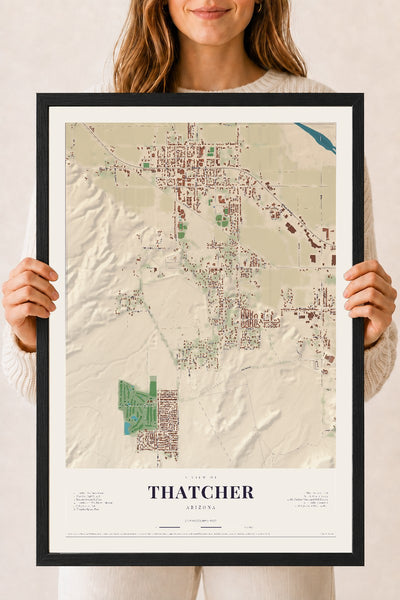 Thatcher, Arizona map print, 18" x 24", W/ Black Ayous Wood Frame