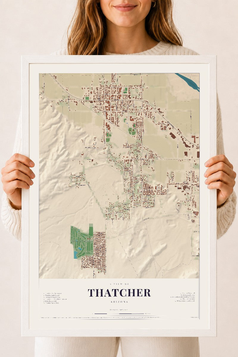 Thatcher, Arizona map print, 18" x 24", W/ White Ayous Wood Frame