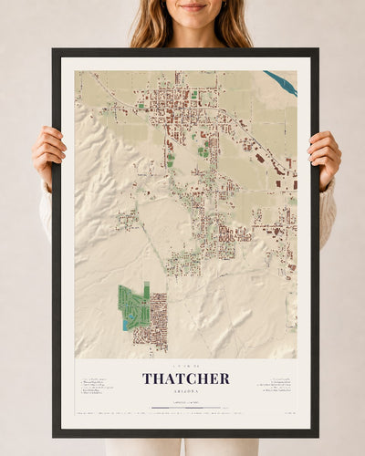 Thatcher, Arizona map print, 24" x 36", W/ Black Ayous Wood Frame