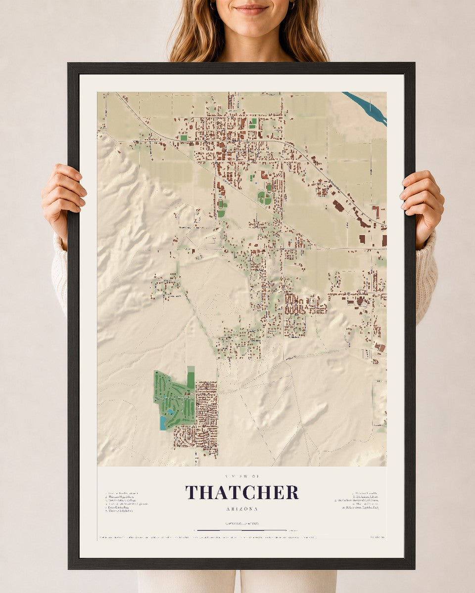 Thatcher, Arizona map print, 24" x 36", W/ Black Ayous Wood Frame
