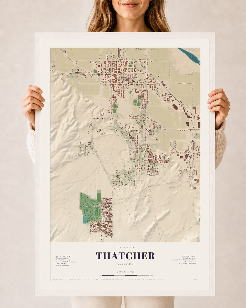 Thatcher, Arizona map print, 24" x 36", W/ White Ayous Wood Frame