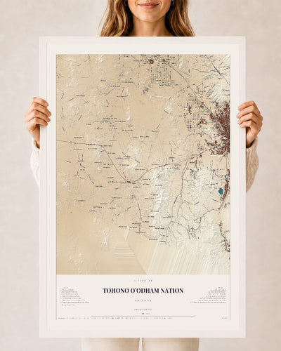 Map of Tohono O'odham Nation, Arizona, 24 x 36 inch print in a white wood frame