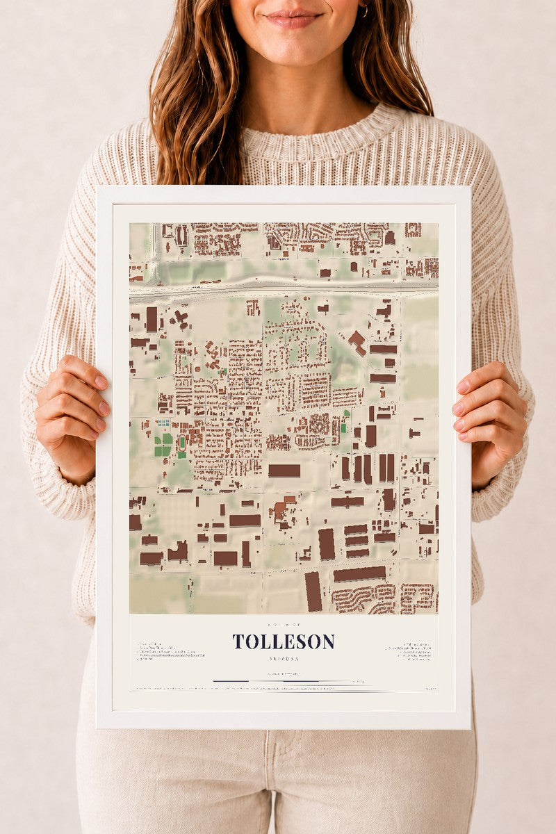 Tolleson, Arizona map print, 12" x 18", W/ White Ayous Wood Frame
