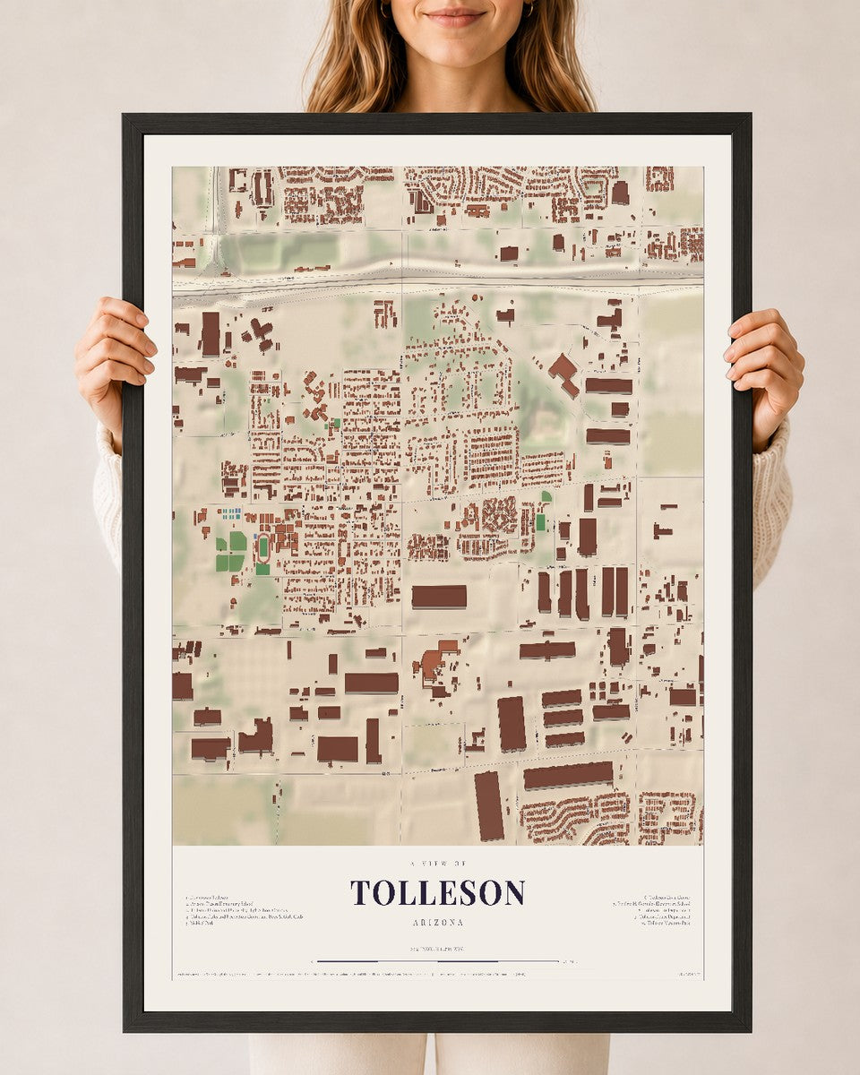 Tolleson, Arizona map print, 24" x 36", W/ Black Ayous Wood Frame