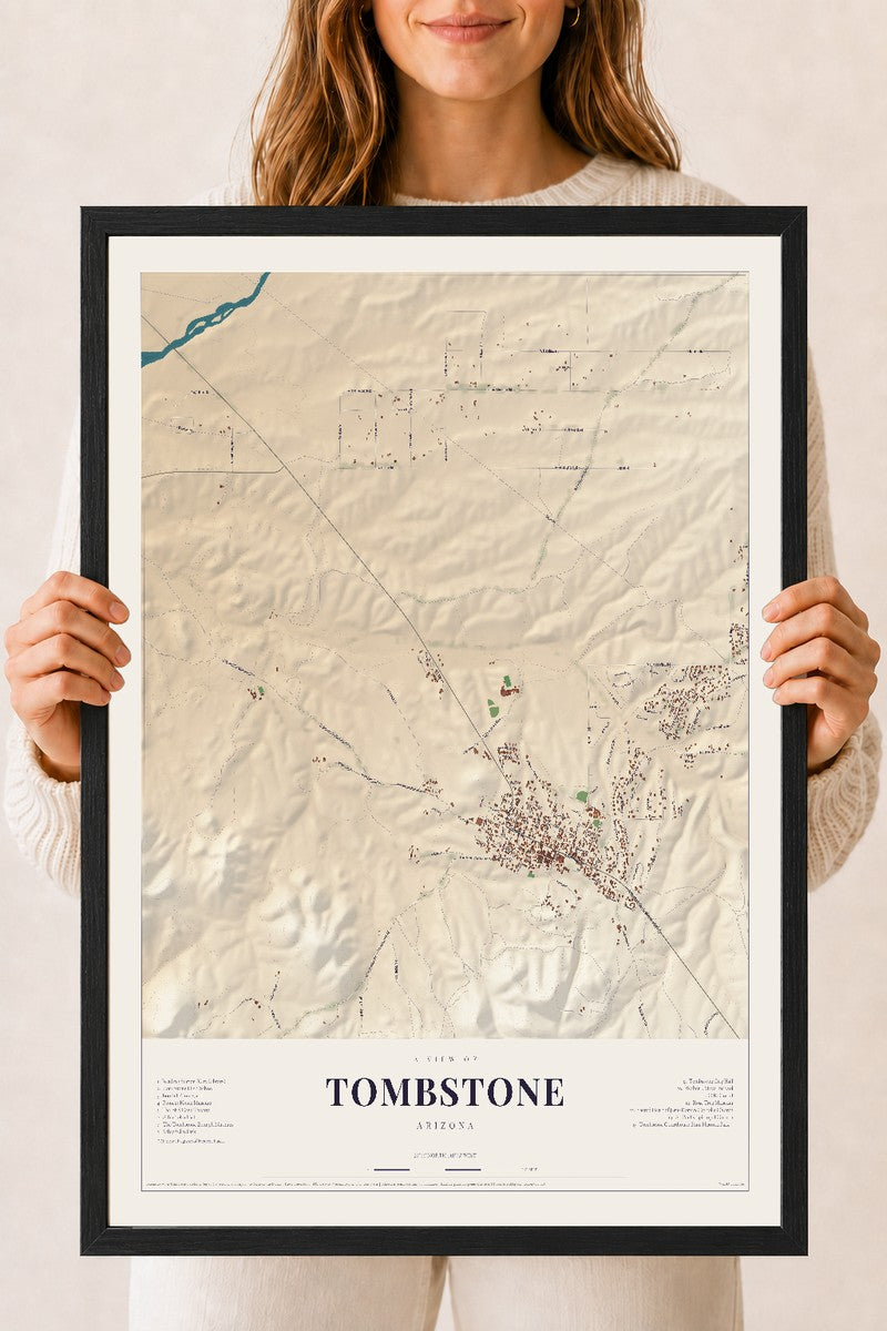Tombstone, Arizona map print, 18" x 24", W/ Black Ayous Wood Frame