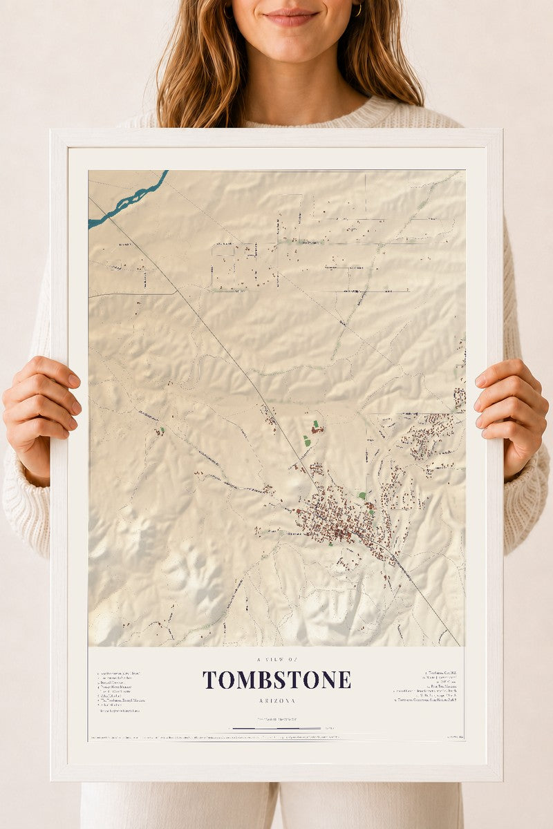 Tombstone, Arizona map print, 18" x 24", W/ White Ayous Wood Frame