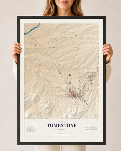 Tombstone, Arizona map print, 24" x 36", W/ Black Ayous Wood Frame