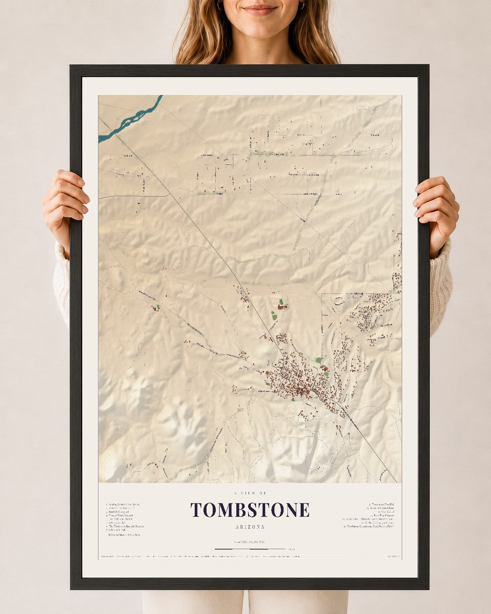 Tombstone, Arizona map print, 24" x 36", W/ Black Ayous Wood Frame