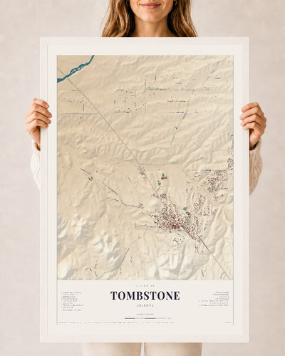 Tombstone, Arizona map print, 24" x 36", W/ White Ayous Wood Frame