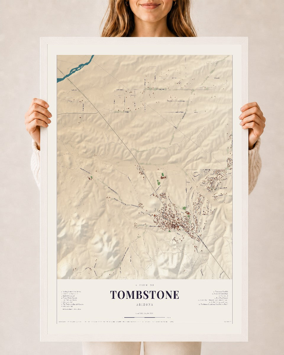 Tombstone, Arizona map print, 24" x 36", W/ White Ayous Wood Frame
