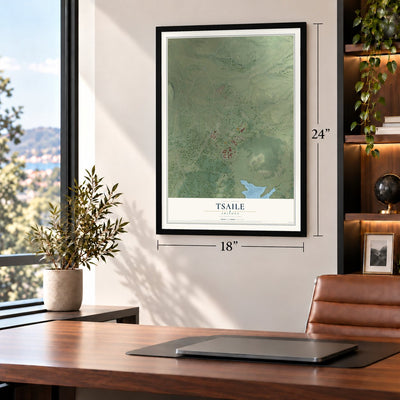 Tsaile, Arizona map, 18 x 24 inch print in a black frame in a home office