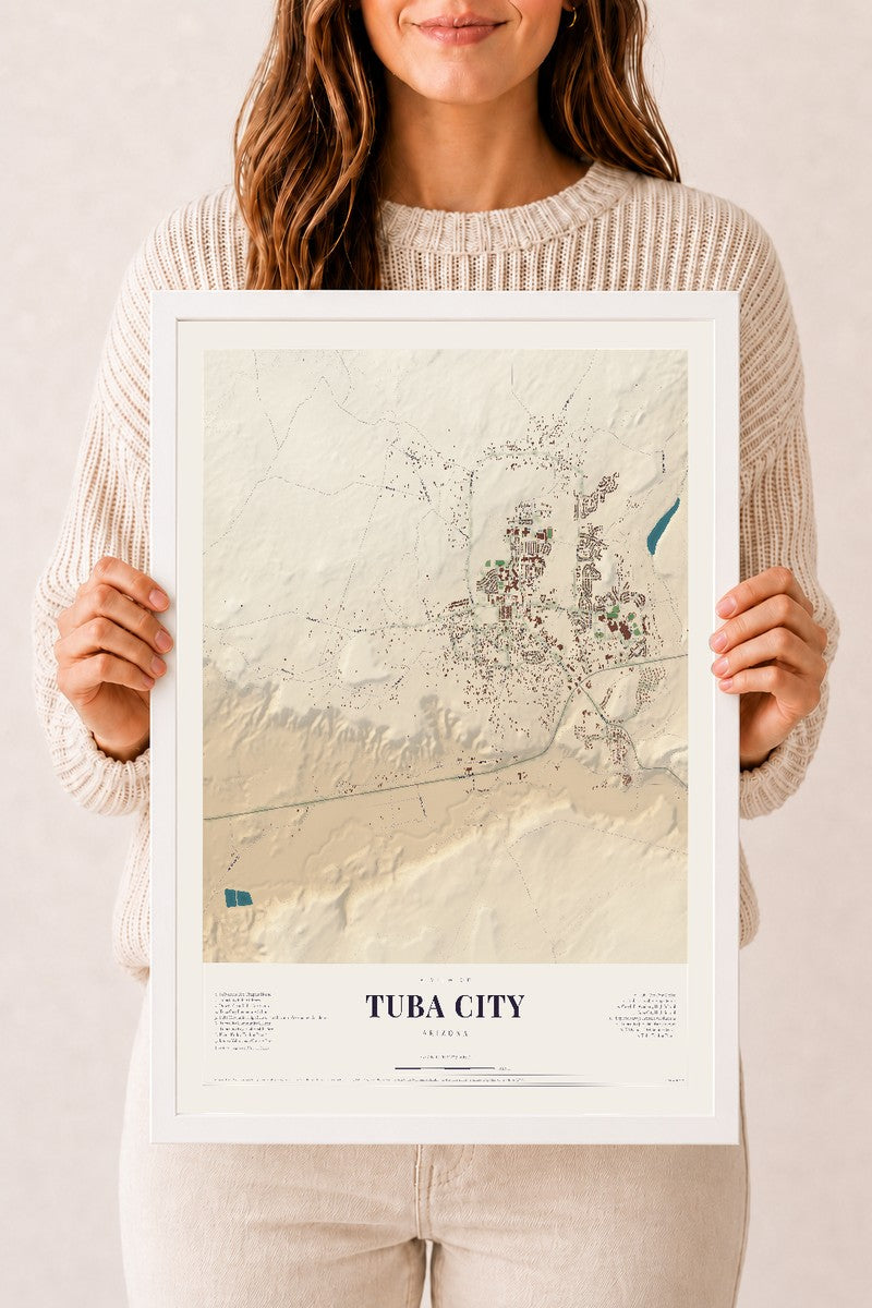 Tuba City, Arizona map print, 12" x 18", W/ White Ayous Wood Frame