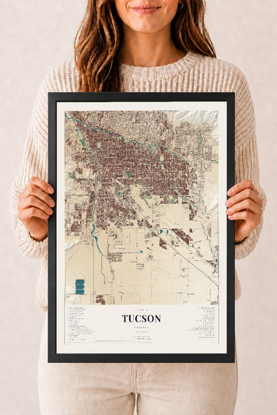 Tucson, Arizona map print, 12" x 18", W/ Black Ayous Wood Frame