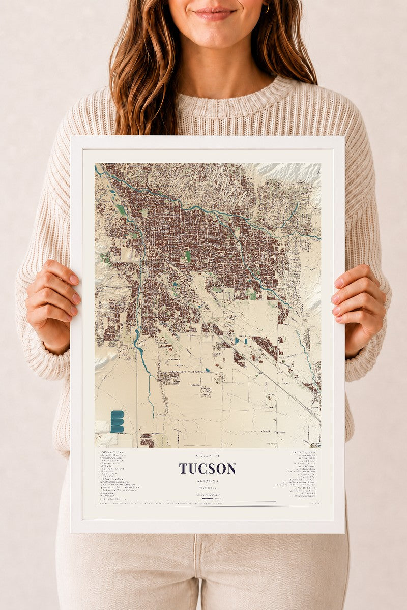 Tucson, Arizona map print, 12" x 18", W/ White Ayous Wood Frame