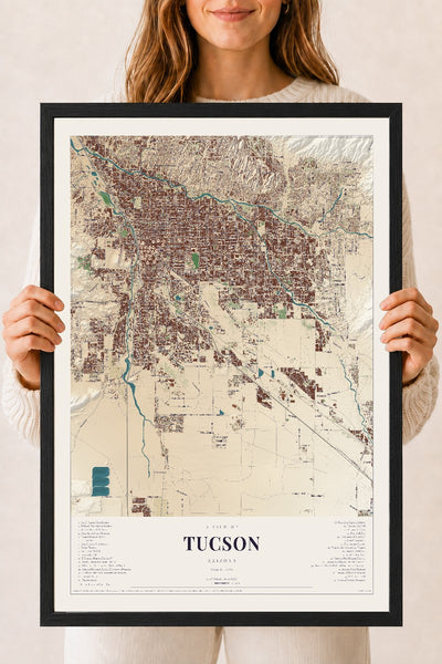 Tucson, Arizona map print, 18" x 24", W/ Black Ayous Wood Frame