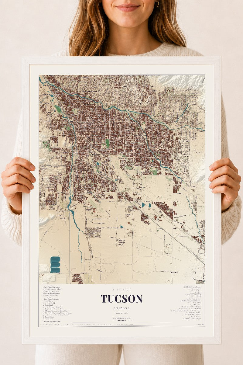 Tucson, Arizona map print, 18" x 24", W/ White Ayous Wood Frame