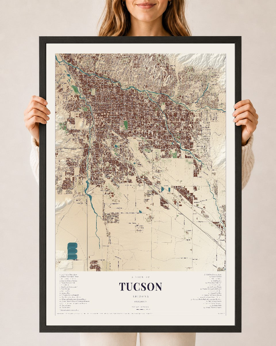 Tucson, Arizona map print, 24" x 36", W/ Black Ayous Wood Frame