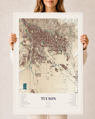 Tucson, Arizona map print, 24" x 36", W/ White Ayous Wood Frame