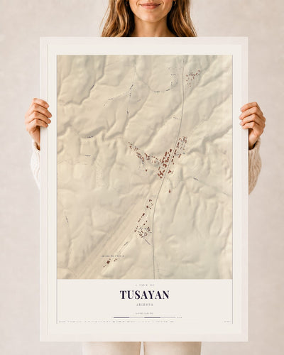 Tusayan, Arizona map print, 24" x 36", W/ White Ayous Wood Frame