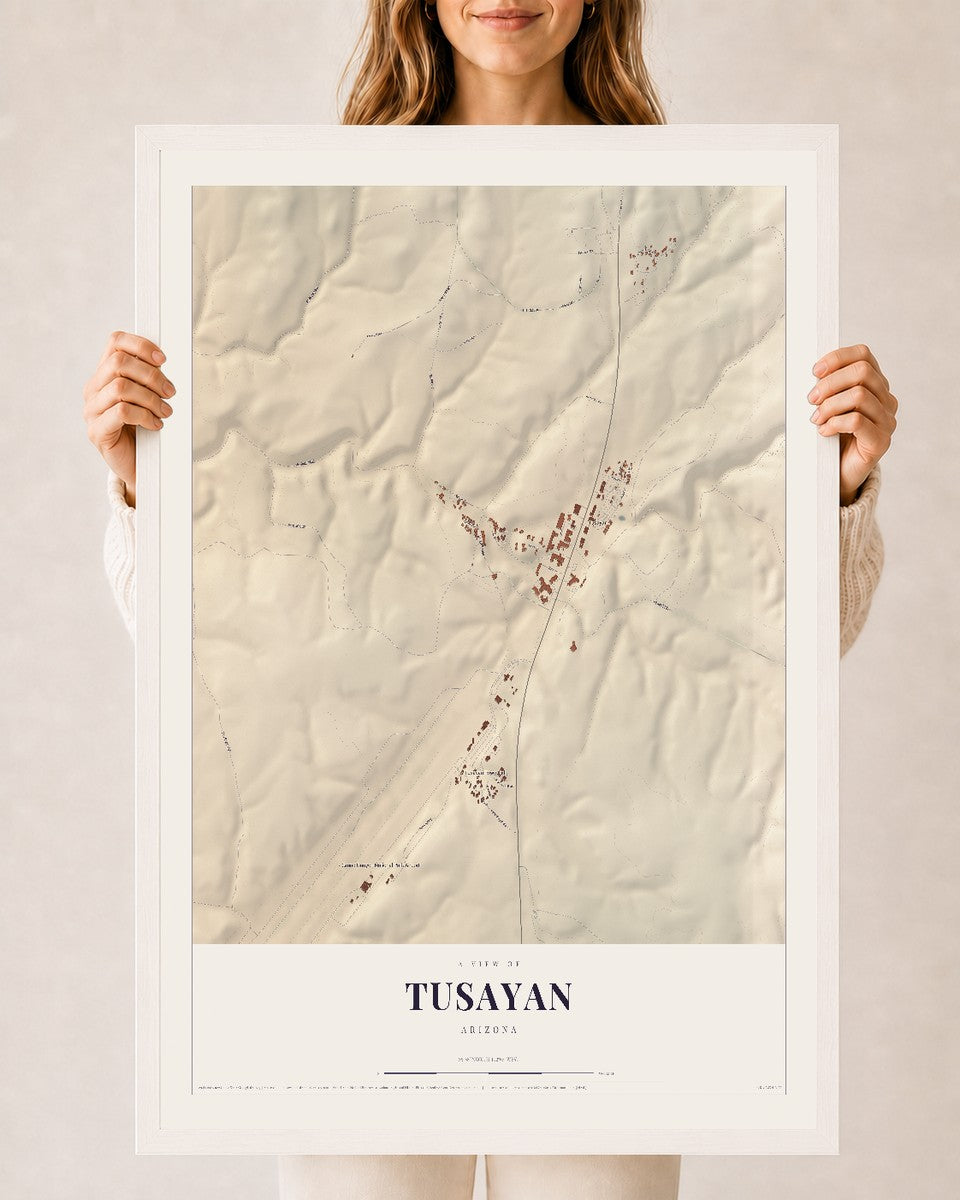 Tusayan, Arizona map print, 24" x 36", W/ White Ayous Wood Frame