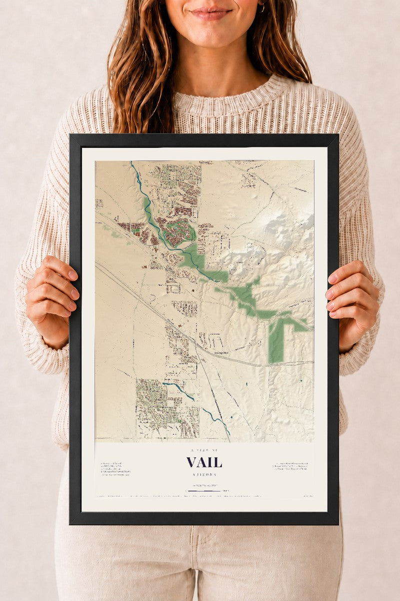 Vail, Arizona map print, 12" x 18", W/ Black Ayous Wood Frame