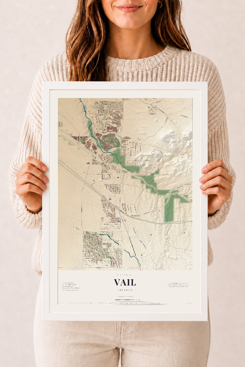 Vail, Arizona map print, 12" x 18", W/ White Ayous Wood Frame
