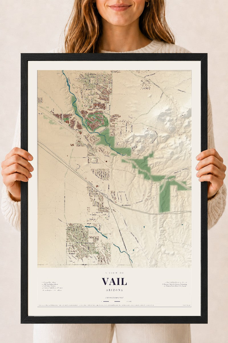 Vail, Arizona map print, 18" x 24", W/ Black Ayous Wood Frame