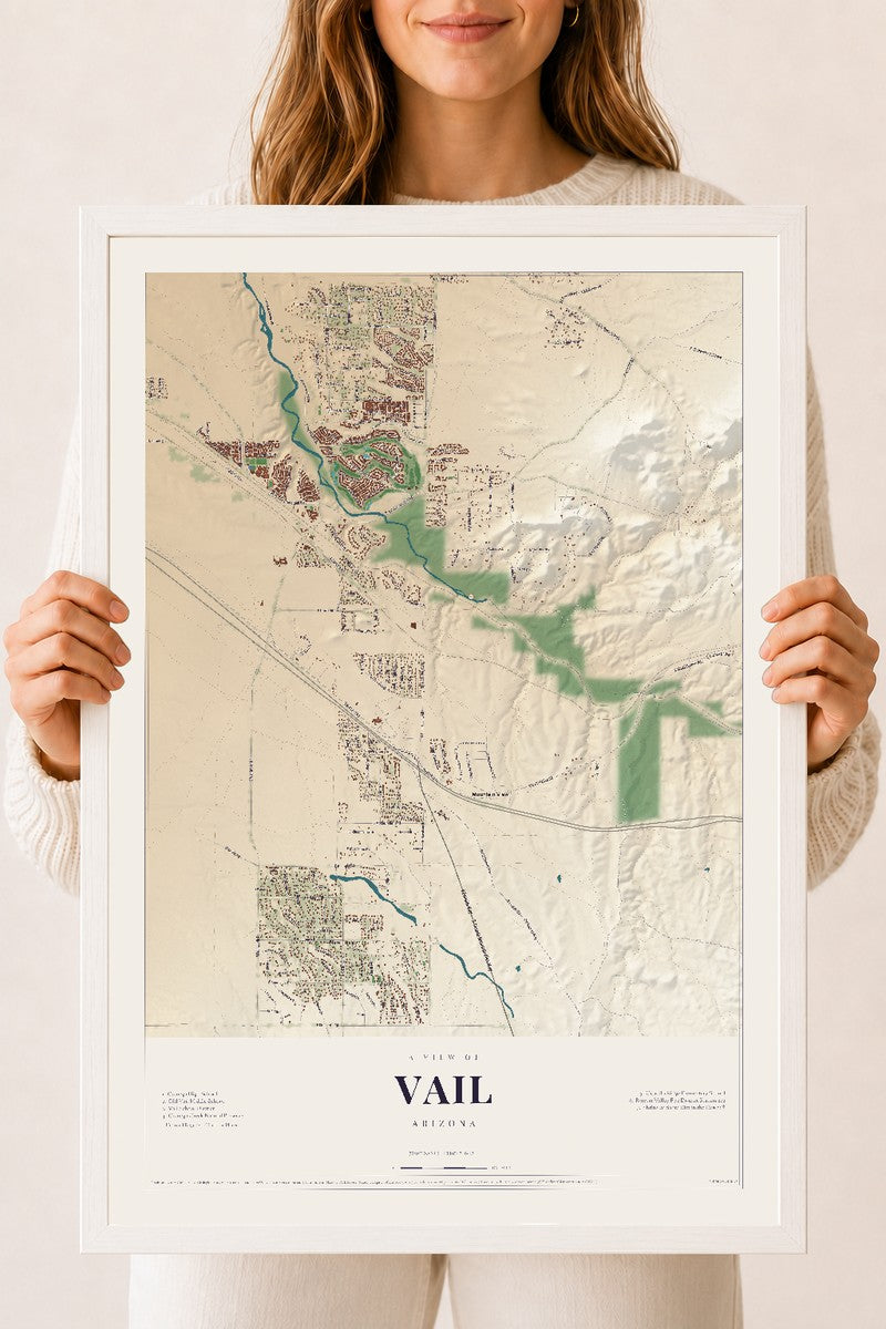 Vail, Arizona map print, 18" x 24", W/ White Ayous Wood Frame