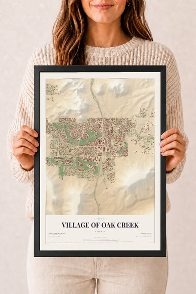 Village of Oak Creek, Arizona map print, 12" x 18", W/ Black Ayous Wood Frame