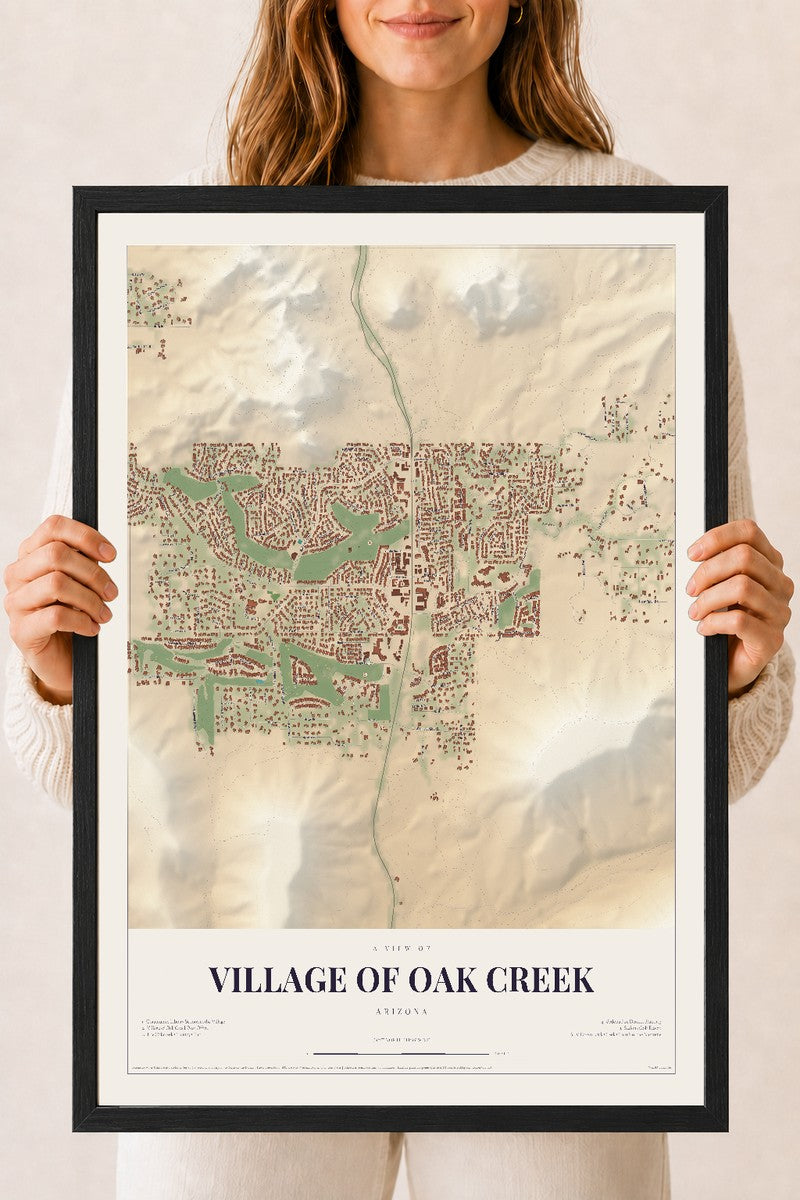 Village of Oak Creek, Arizona map print, 18" x 24", W/ Black Ayous Wood Frame