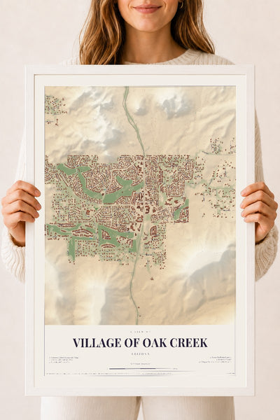 Village of Oak Creek, Arizona map print, 18" x 24", W/ White Ayous Wood Frame