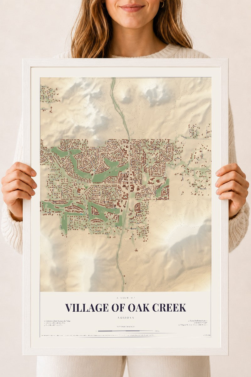 Village of Oak Creek, Arizona map print, 18" x 24", W/ White Ayous Wood Frame