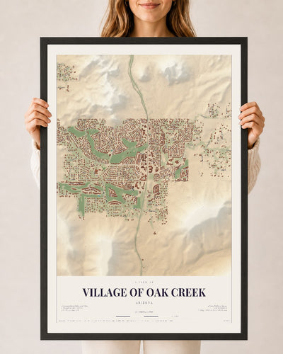 Village of Oak Creek, Arizona map print, 24" x 36", W/ Black Ayous Wood Frame