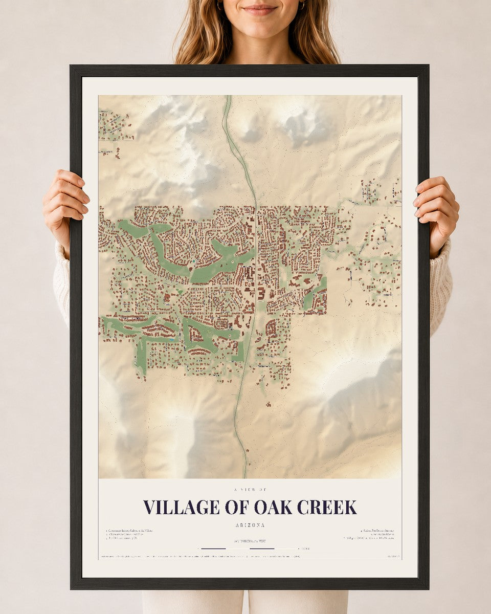 Village of Oak Creek, Arizona map print, 24" x 36", W/ Black Ayous Wood Frame