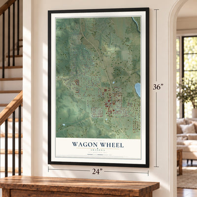 Wagon Wheel, Arizona map, 24 x 36 inch print in a black frame by a staircase