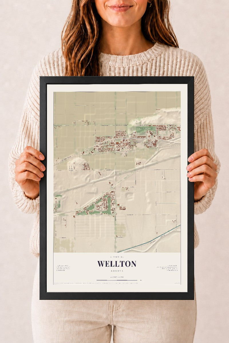 Wellton, Arizona map print, 12" x 18", W/ Black Ayous Wood Frame