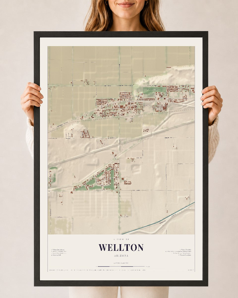 Wellton, Arizona map print, 24" x 36", W/ Black Ayous Wood Frame