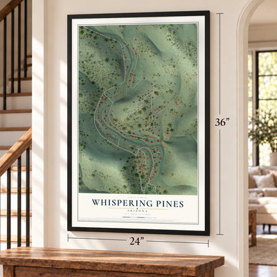 Whispering Pines, Arizona map, 24 x 36 inch print in a black frame by a staircase